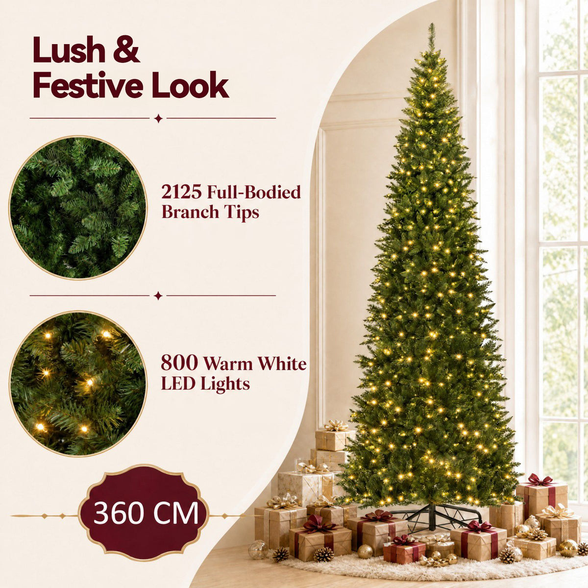 360cm Artificial Christmas Tree with 360° Quick Power Connector for Home Party Shopping Mall