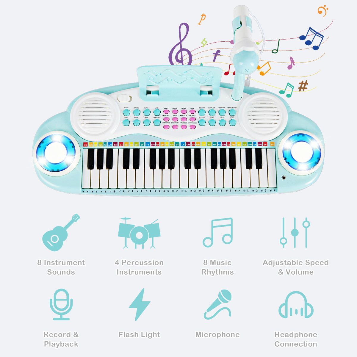 37 Keys Electronic Musical Instrument with Microphone 8 Tone and 4 Percussion Instruments