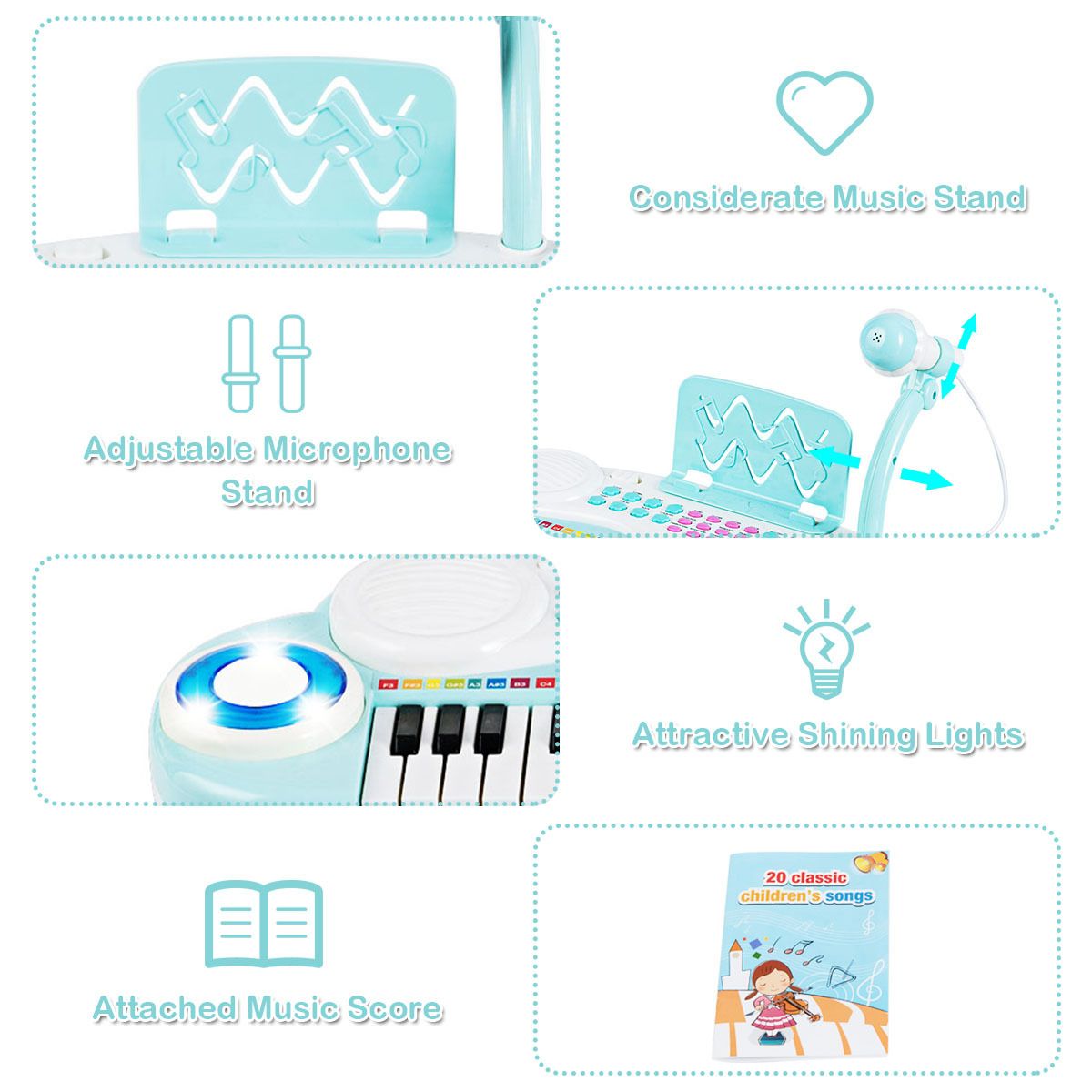 37 Keys Electronic Musical Instrument with Microphone 8 Tone and 4 Percussion Instruments