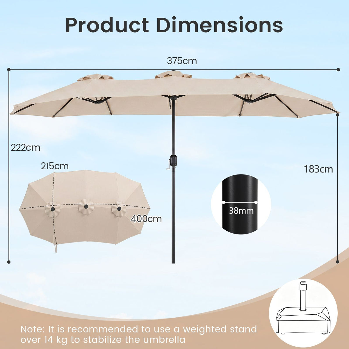 375cm Double-Sided Patio Umbrella with Crank Handle and amp for Garden Deck Poolside