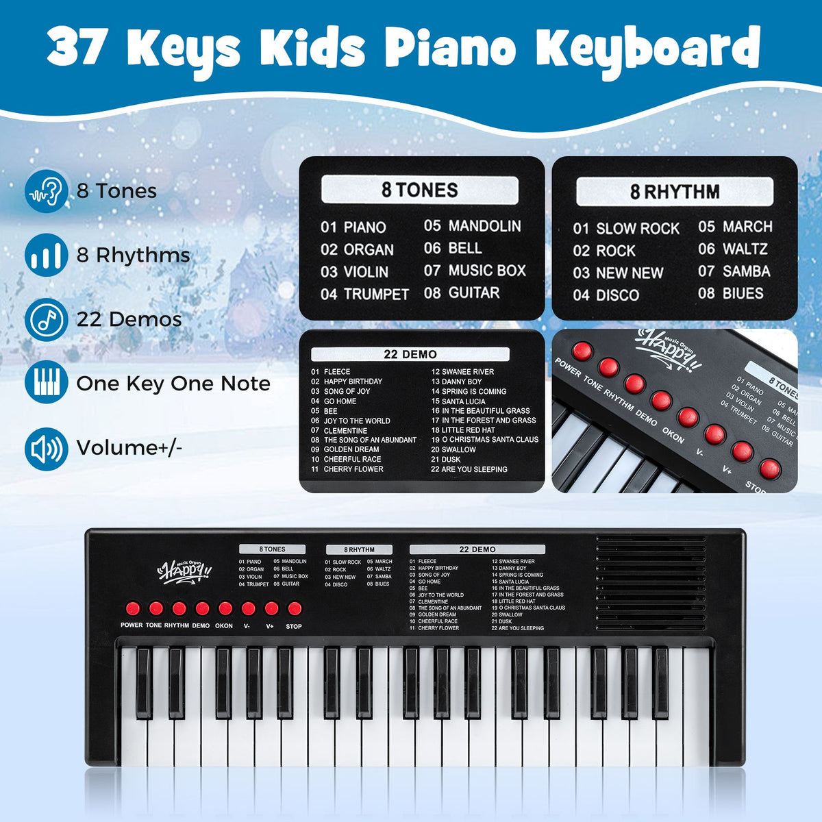 37 Keys Portable Electric Keyboard Piano with Microphone and 8 Tones