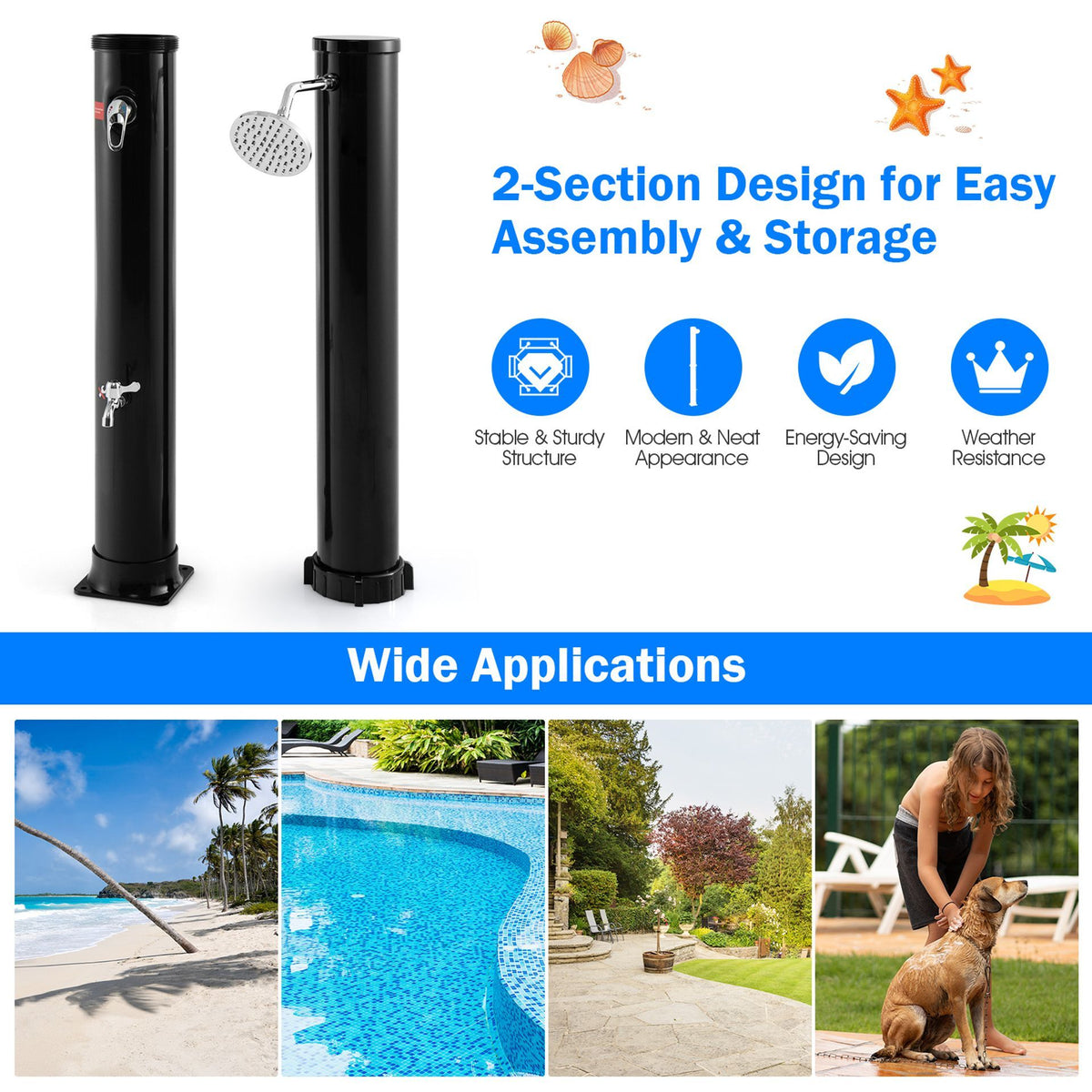 38 L Solar Heated Outdoor Shower with Rotating Shower Head