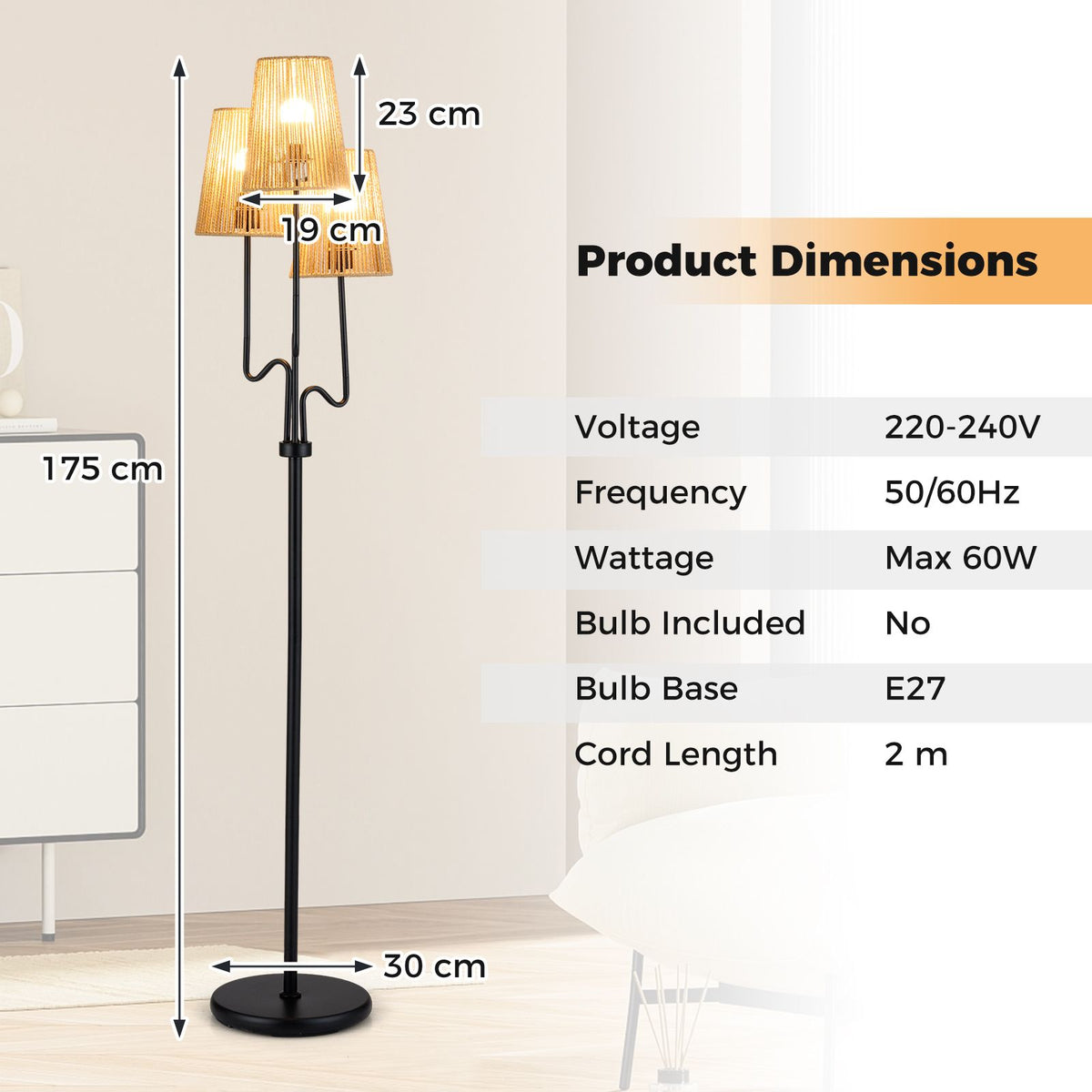 3-Light Floor Lamp Farmhouse Standing Lamp with Foot Switch (Bulbs Not Included)