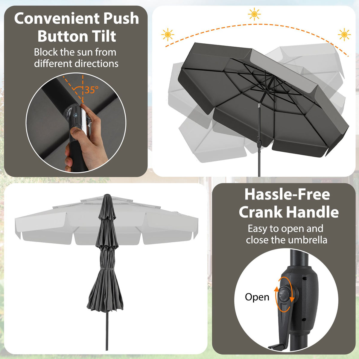 3M Patio Umbrella with 3-Tier Vented Top and 8 Ribs for Outdoor Yard