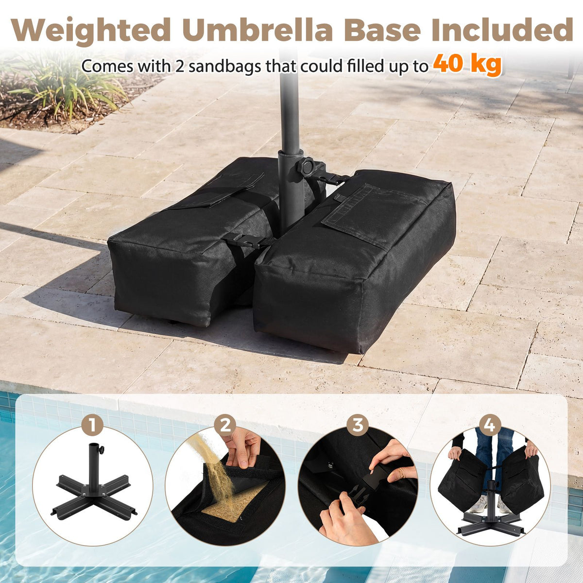 3M Patio Umbrella with Weighted Base Sandbags Push Button Tilt