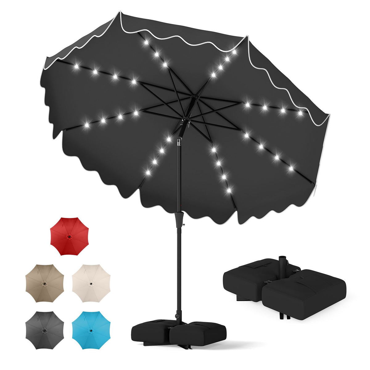3M Sun Protective Umbrella with Weighted Base and Solar Lights for Deck