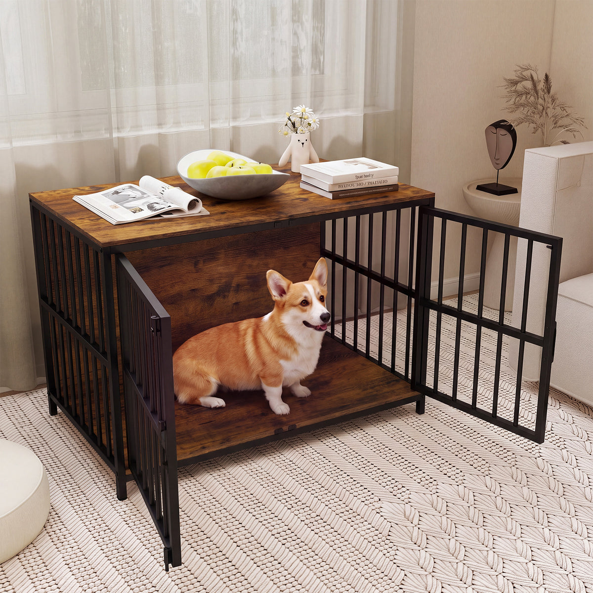 Heavy-duty Dog Crate Furniture, 100 cm Dog Kennel with Dual Lockable Double Doors