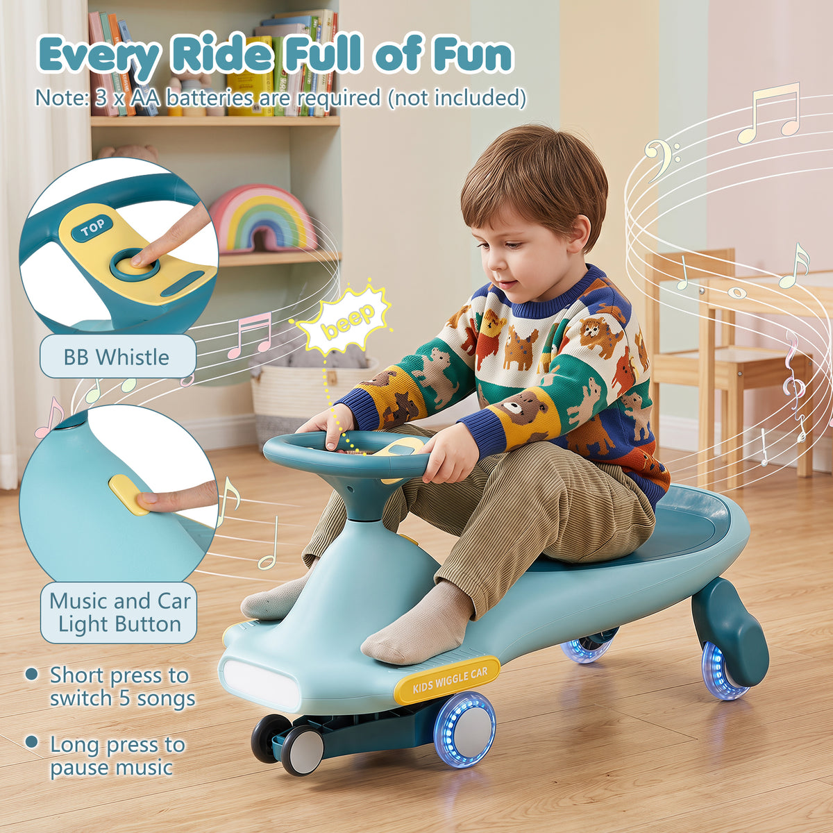 Wiggle Car for Kids w/ LED Flashing Wheels, Music, Horn