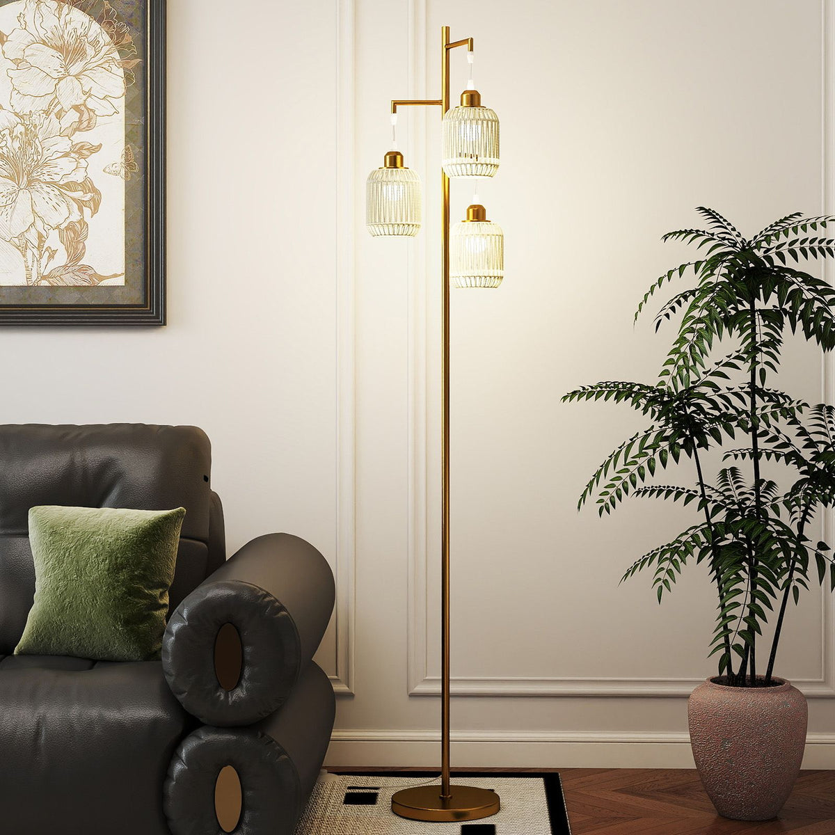 3-Light Floor Lamp Farmhouse Standing Tree Lamp with 3 Boho Lampshades