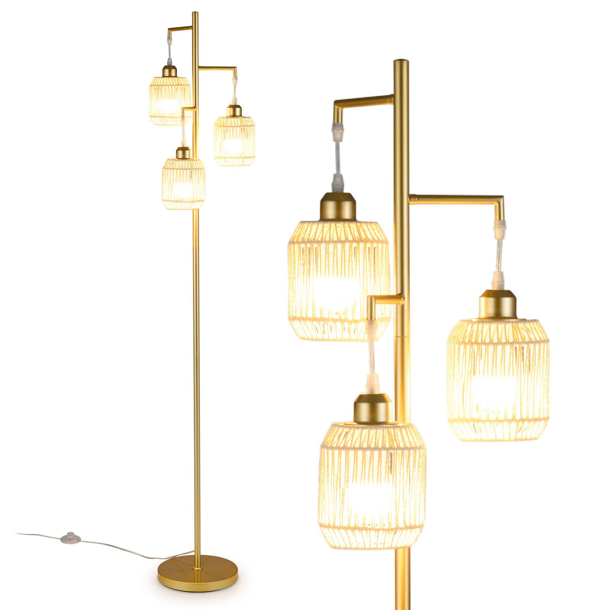 3-Light Floor Lamp Farmhouse Standing Tree Lamp with 3 Boho Lampshades