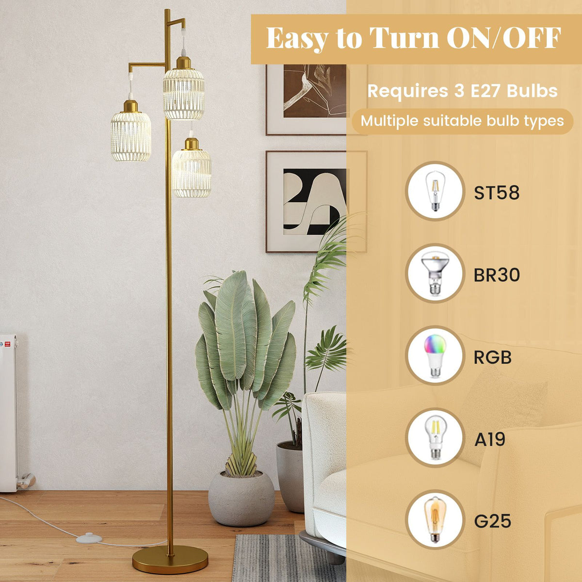 3-Light Floor Lamp Farmhouse Standing Tree Lamp with 3 Boho Lampshades