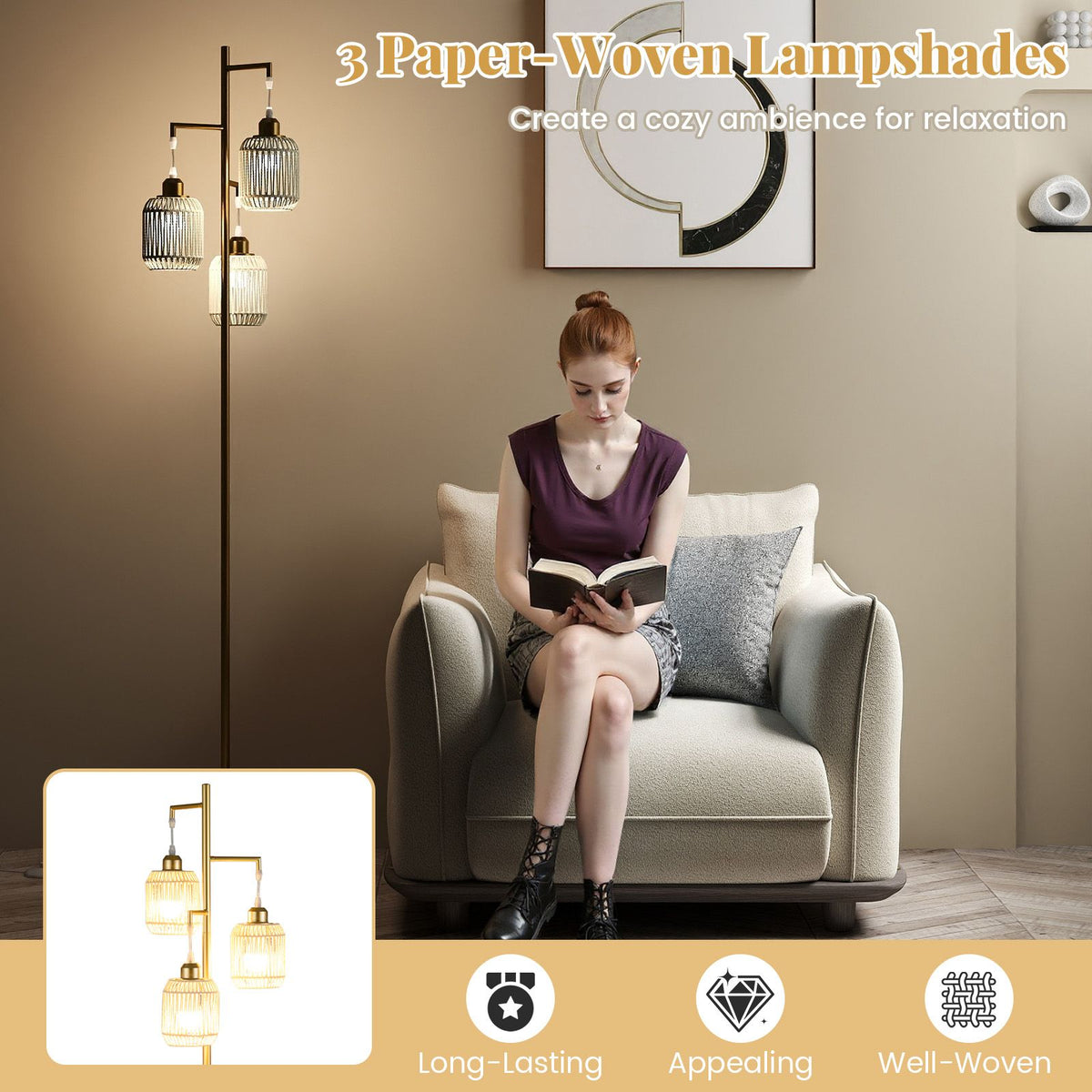 3-Light Floor Lamp Farmhouse Standing Tree Lamp with 3 Boho Lampshades