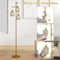 3-Light Floor Lamp Farmhouse Standing Tree Lamp with 3 Boho Lampshades