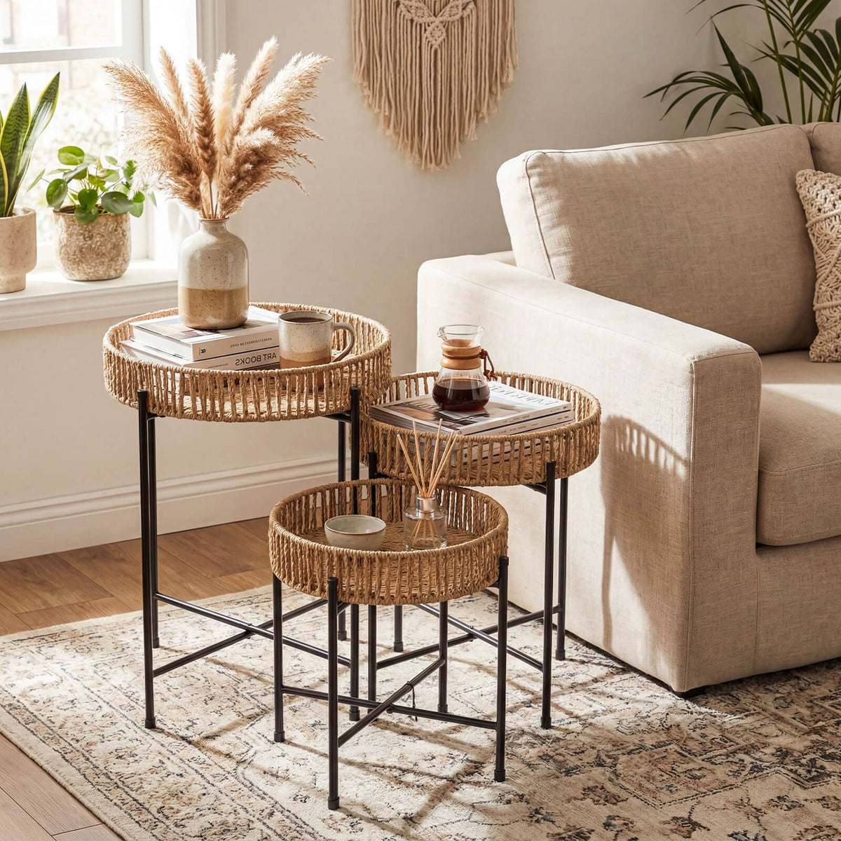 Set of 3 Round Nesting Side Tables with Metal Legs Boho Coffee Tables