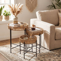 Set of 3 Round Nesting Side Tables with Metal Legs Boho Coffee Tables