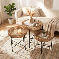 Set of 3 Round Nesting Side Tables with Metal Legs Boho Coffee Tables