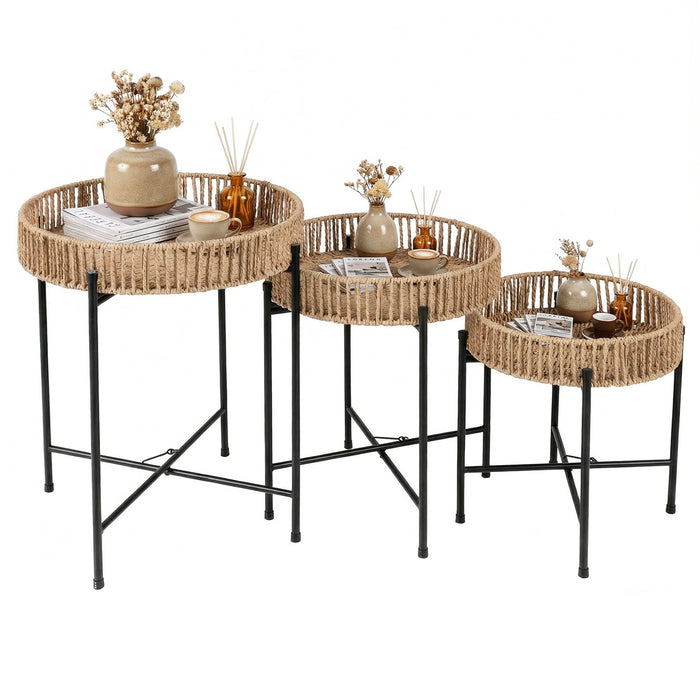 Set of 3 Round Nesting Side Tables with Metal Legs Boho Coffee Tables