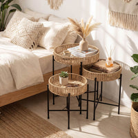Set of 3 Round Nesting Side Tables with Metal Legs Boho Coffee Tables