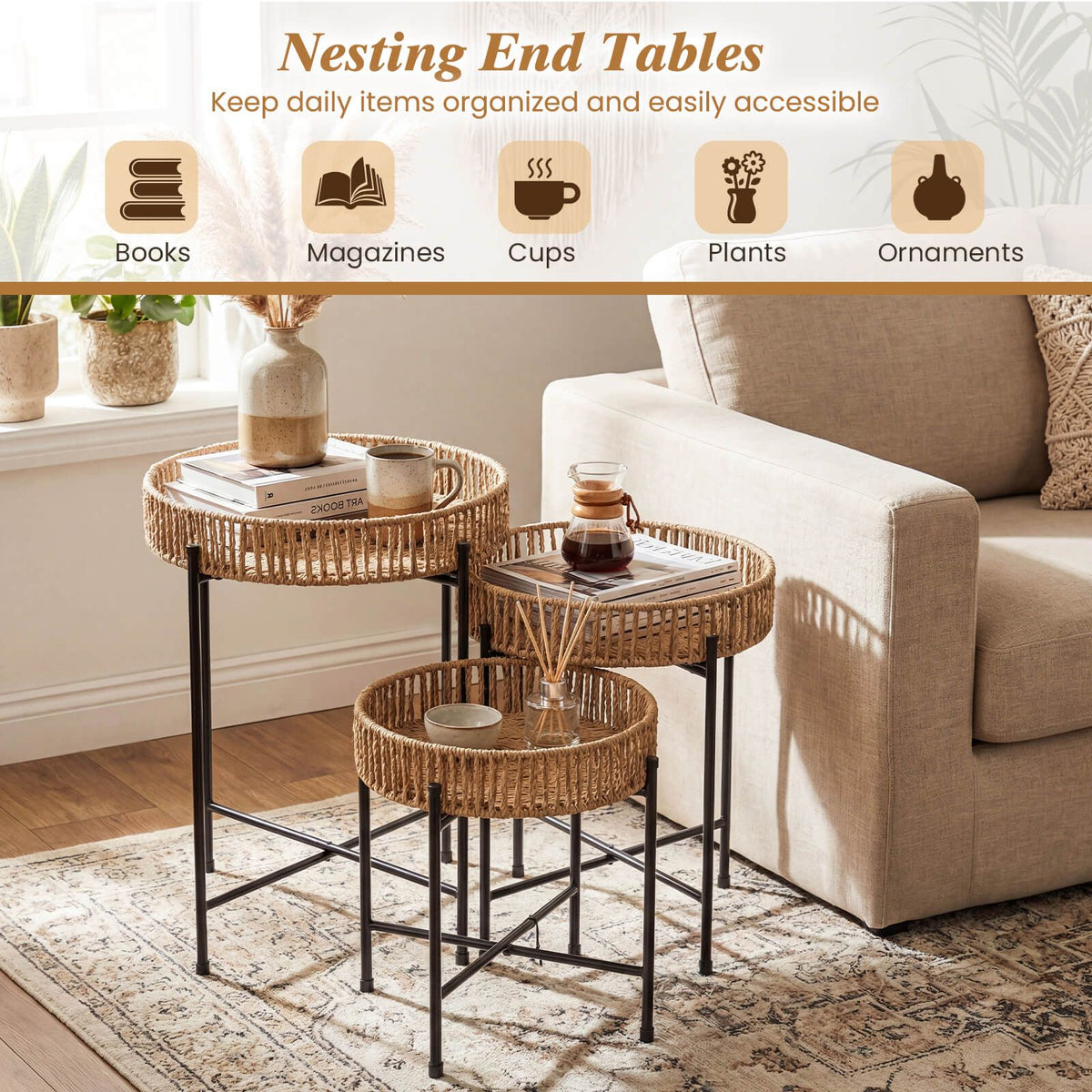 Set of 3 Round Nesting Side Tables with Metal Legs Boho Coffee Tables