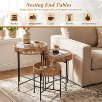 Set of 3 Round Nesting Side Tables with Metal Legs Boho Coffee Tables