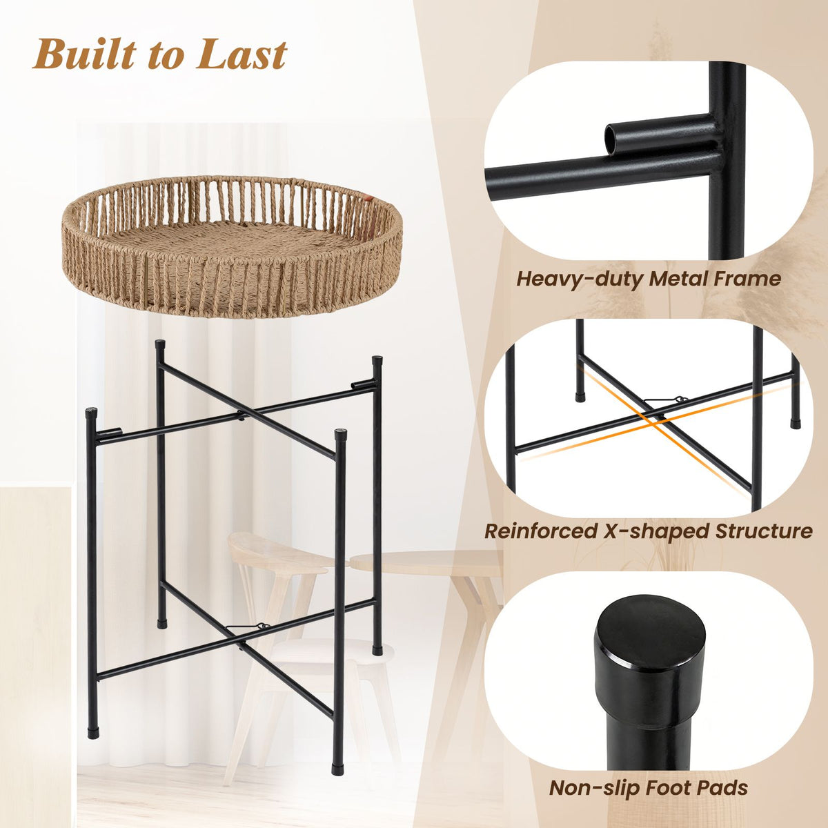Set of 3 Round Nesting Side Tables with Metal Legs Boho Coffee Tables