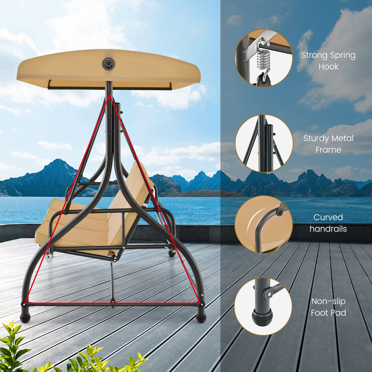 3 Seat Outdoor Porch Swing 2-in-1 Swing Glider with Adjustable Canopy