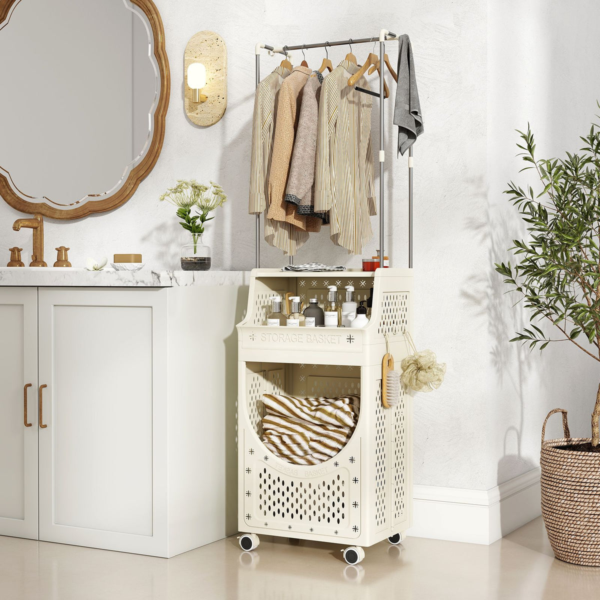 Laundry Cart with Hanging Bar Folding Laundry Hamper