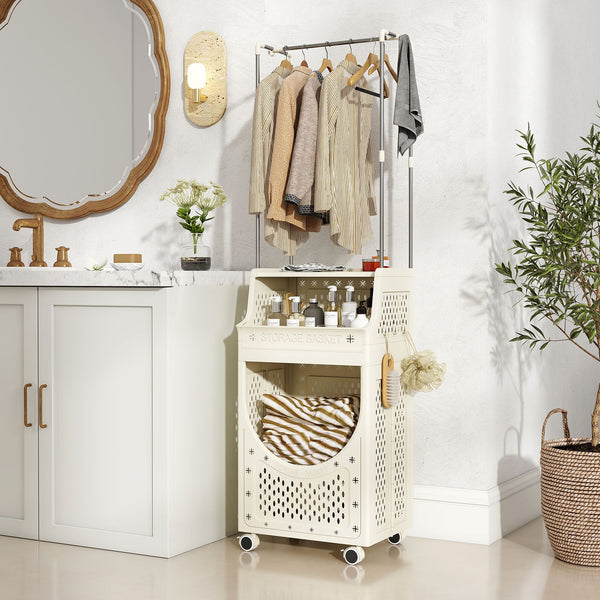 Laundry Cart with Hanging Bar Folding Laundry Hamper