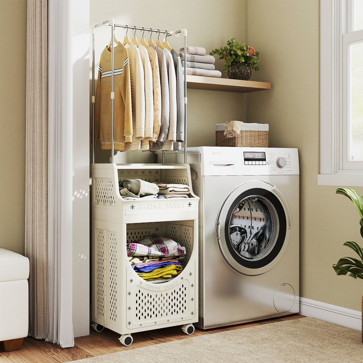 Laundry Cart with Hanging Bar Folding Laundry Hamper