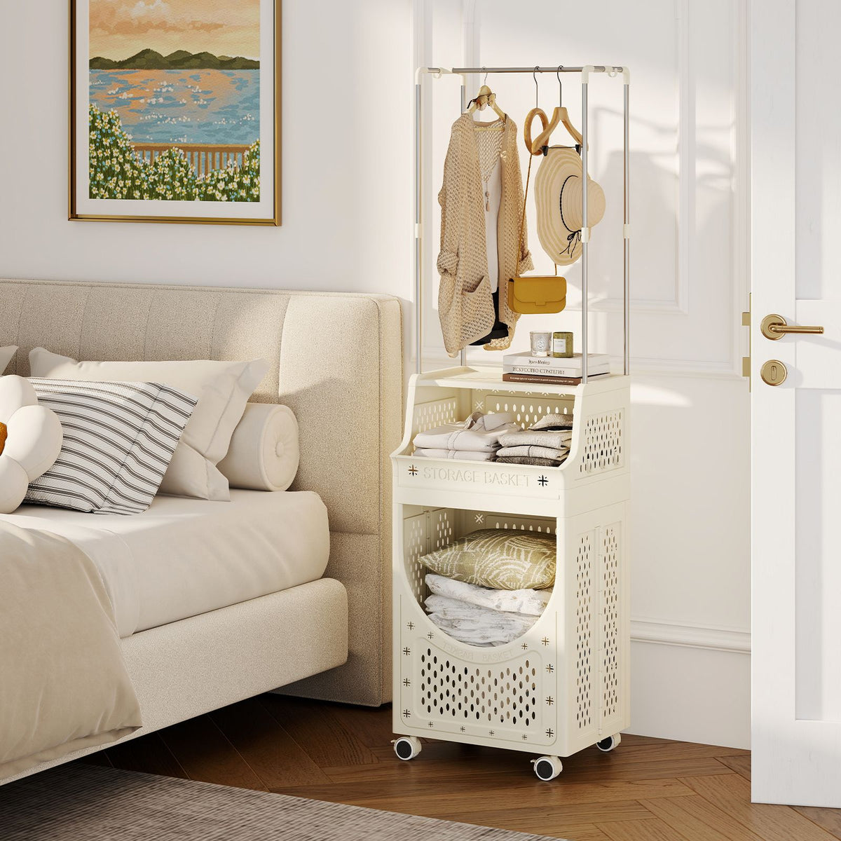 Laundry Cart with Hanging Bar Folding Laundry Hamper