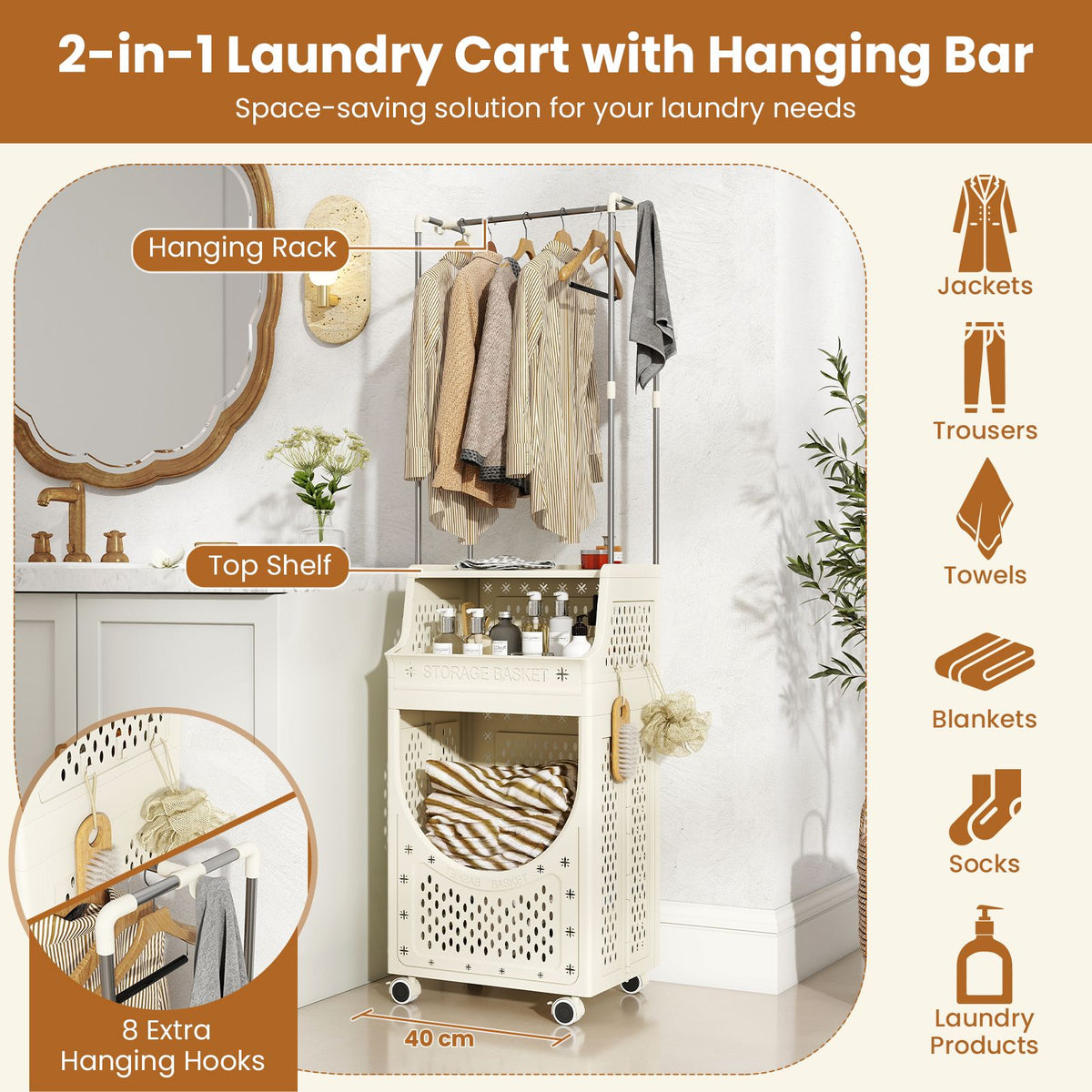 Laundry Cart with Hanging Bar Folding Laundry Hamper