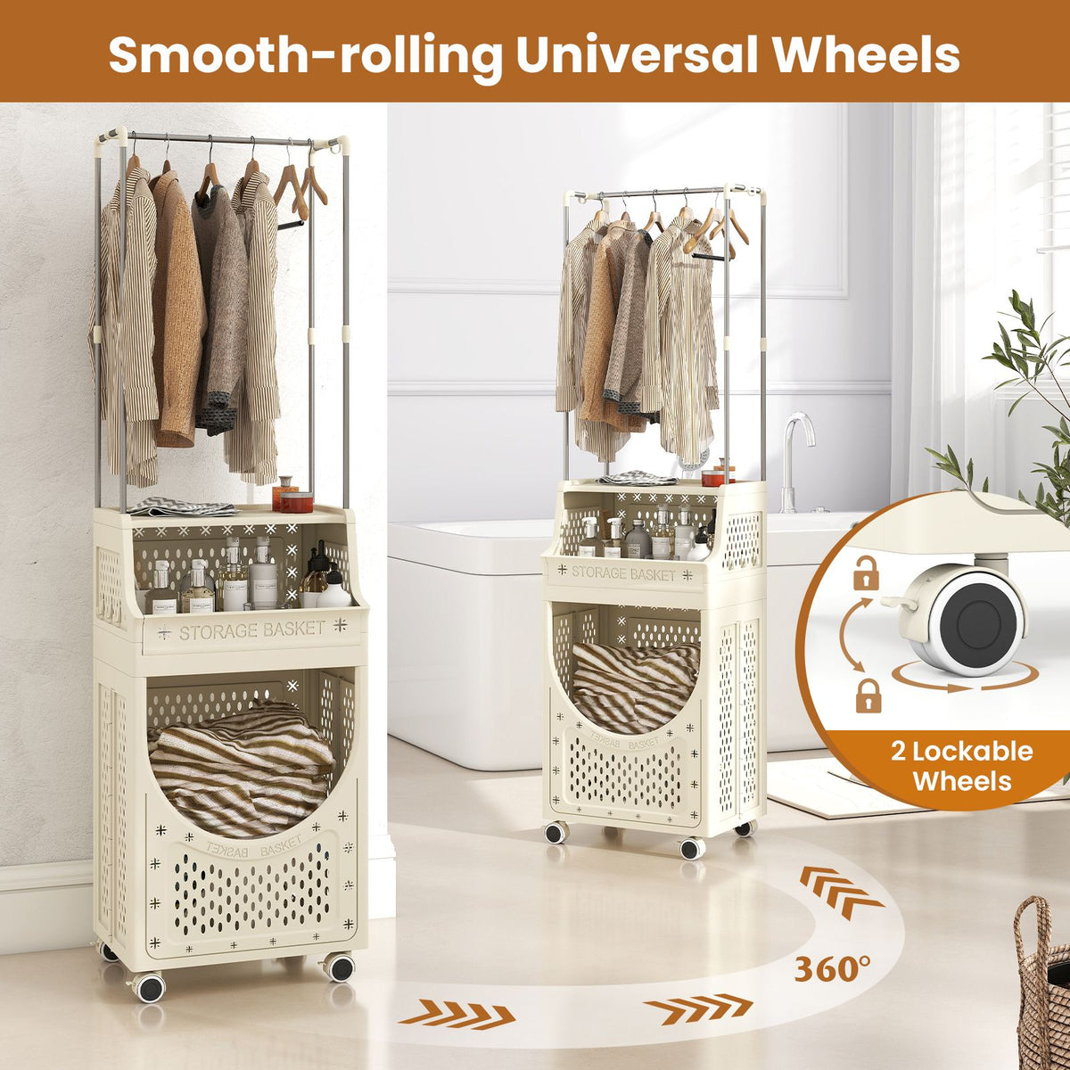 Laundry Cart with Hanging Bar Folding Laundry Hamper