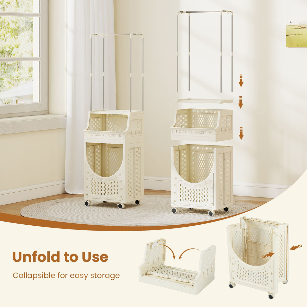 Laundry Cart with Hanging Bar Folding Laundry Hamper