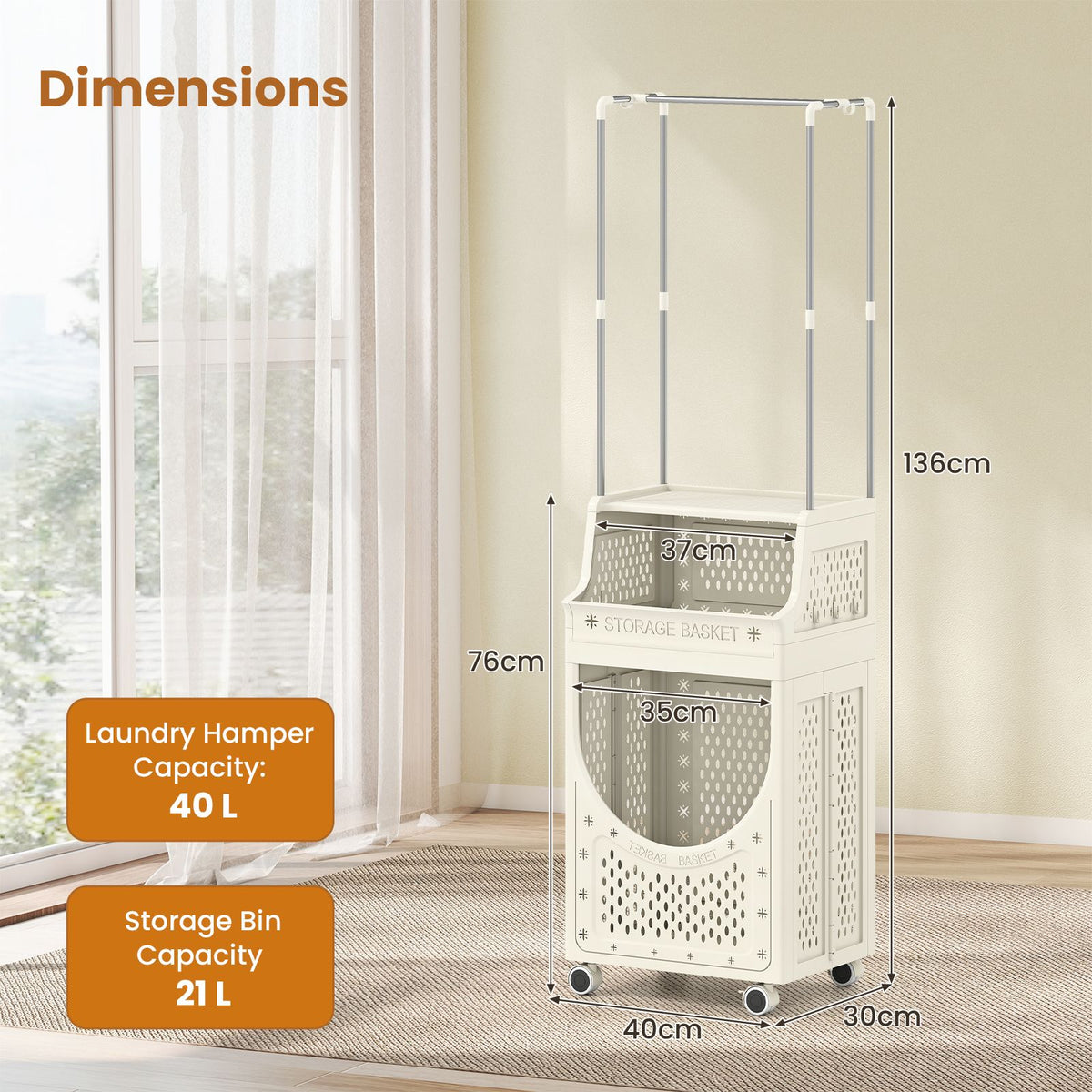 Laundry Cart with Hanging Bar Folding Laundry Hamper