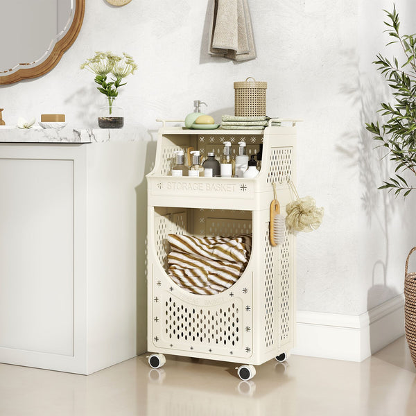 3-Tier Laundry Cart with Hanging Bar Folding Laundry Hamper with Lockable Wheels and Basket