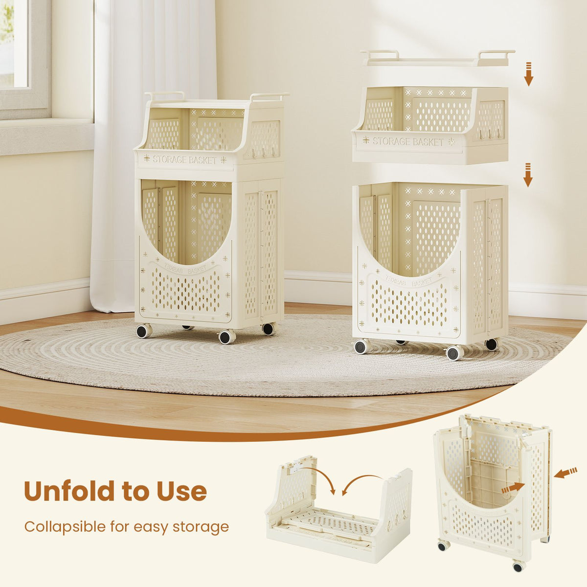 3-Tier Laundry Cart with Hanging Bar Folding Laundry Hamper with Lockable Wheels and Basket