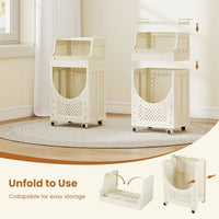 3-Tier Laundry Cart with Hanging Bar Folding Laundry Hamper with Lockable Wheels and Basket
