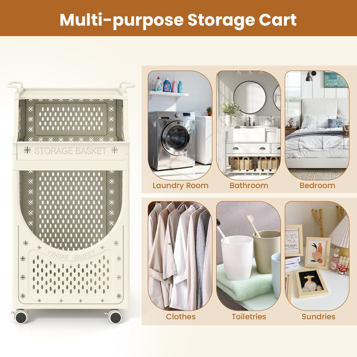 3-Tier Laundry Cart with Hanging Bar Folding Laundry Hamper with Lockable Wheels and Basket
