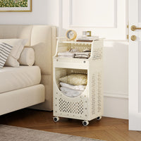 3-Tier Laundry Cart with Hanging Bar Folding Laundry Hamper with Lockable Wheels and Basket