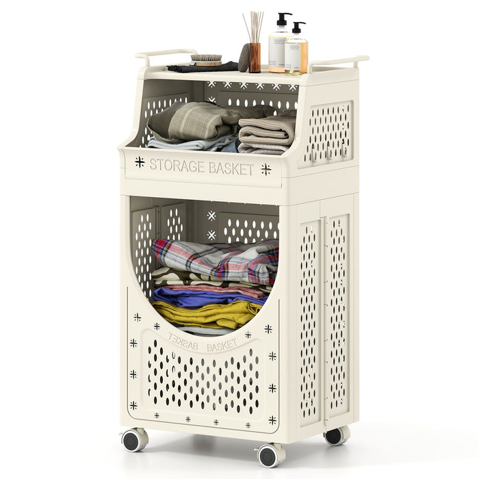 3-Tier Laundry Cart with Hanging Bar Folding Laundry Hamper with Lockable Wheels and Basket