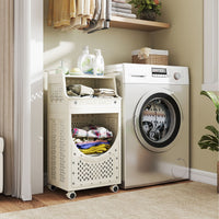 3-Tier Laundry Cart with Hanging Bar Folding Laundry Hamper with Lockable Wheels and Basket