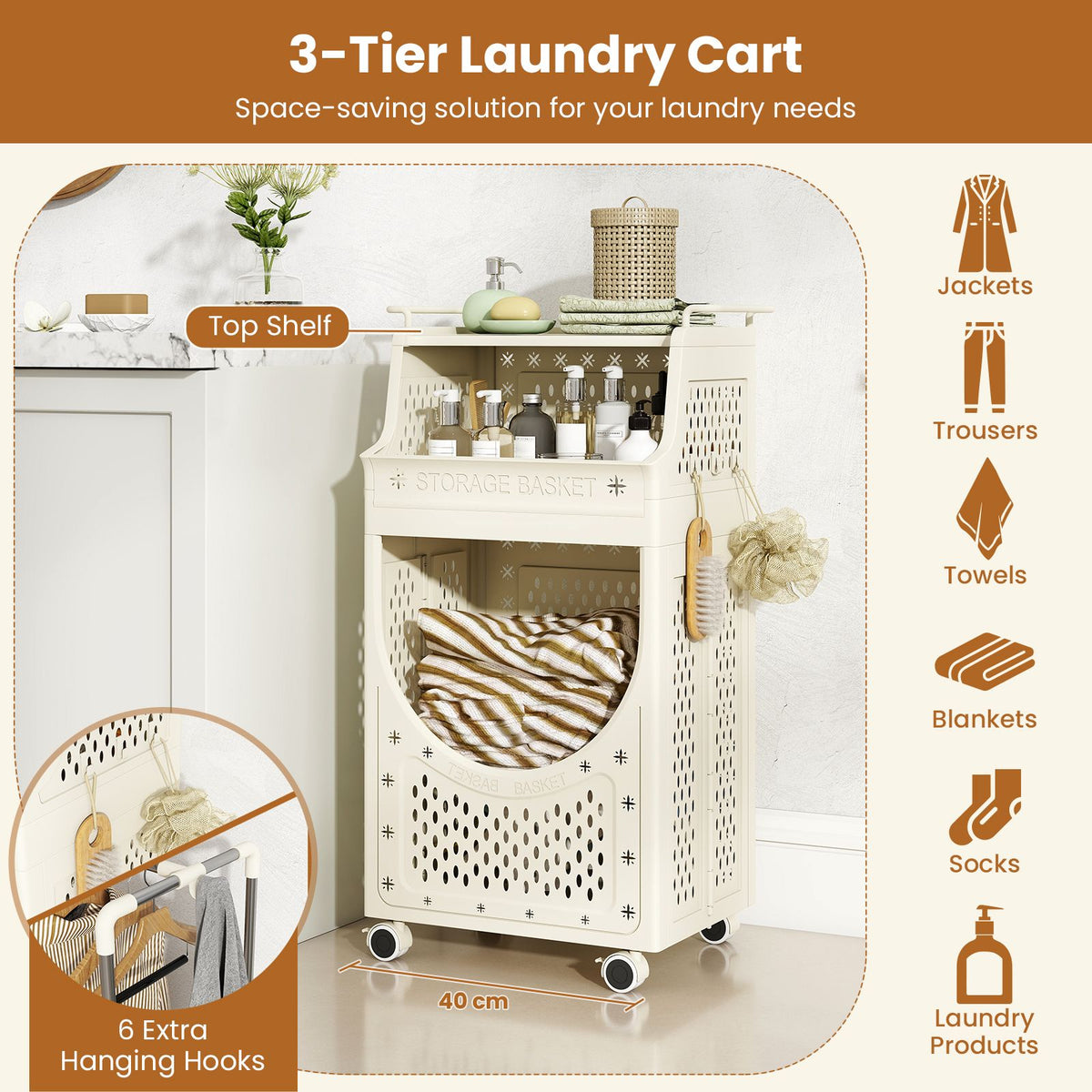 3-Tier Laundry Cart with Hanging Bar Folding Laundry Hamper with Lockable Wheels and Basket