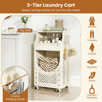 3-Tier Laundry Cart with Hanging Bar Folding Laundry Hamper with Lockable Wheels and Basket