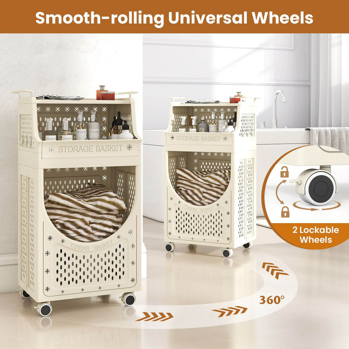 3-Tier Laundry Cart with Hanging Bar Folding Laundry Hamper with Lockable Wheels and Basket