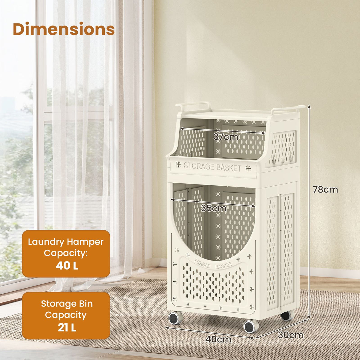 3-Tier Laundry Cart with Hanging Bar Folding Laundry Hamper with Lockable Wheels and Basket