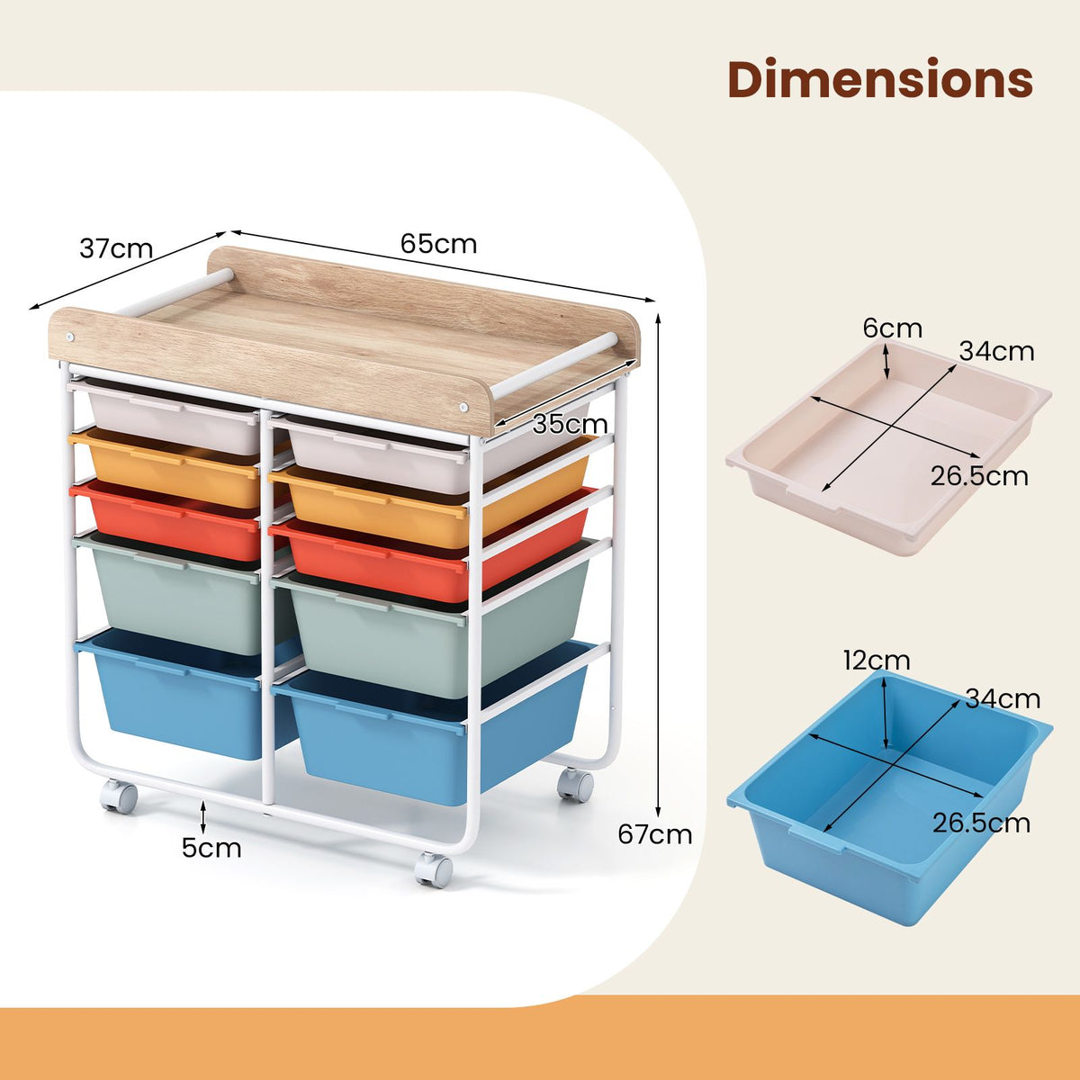 Rolling Storage Cart with 4/5/10 Drawers and Wooden Tabletop for Dorm and Classroom