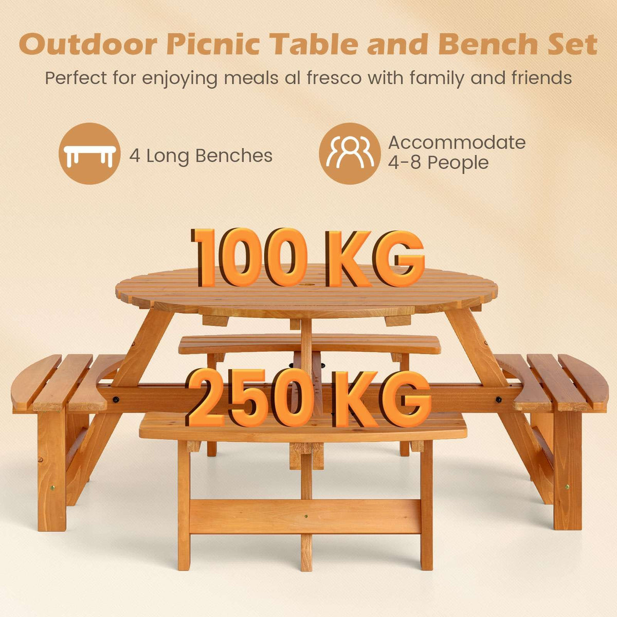 Round Picnic Table Set Patio Dining Camping Table w/ Built-in 4 Benches