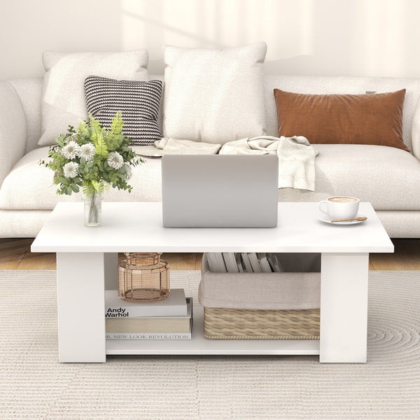 Giantex Modern Coffee Table w/Storage Shelf, Large 2-Tier Wooden Tea Table w/Open Shelf, White