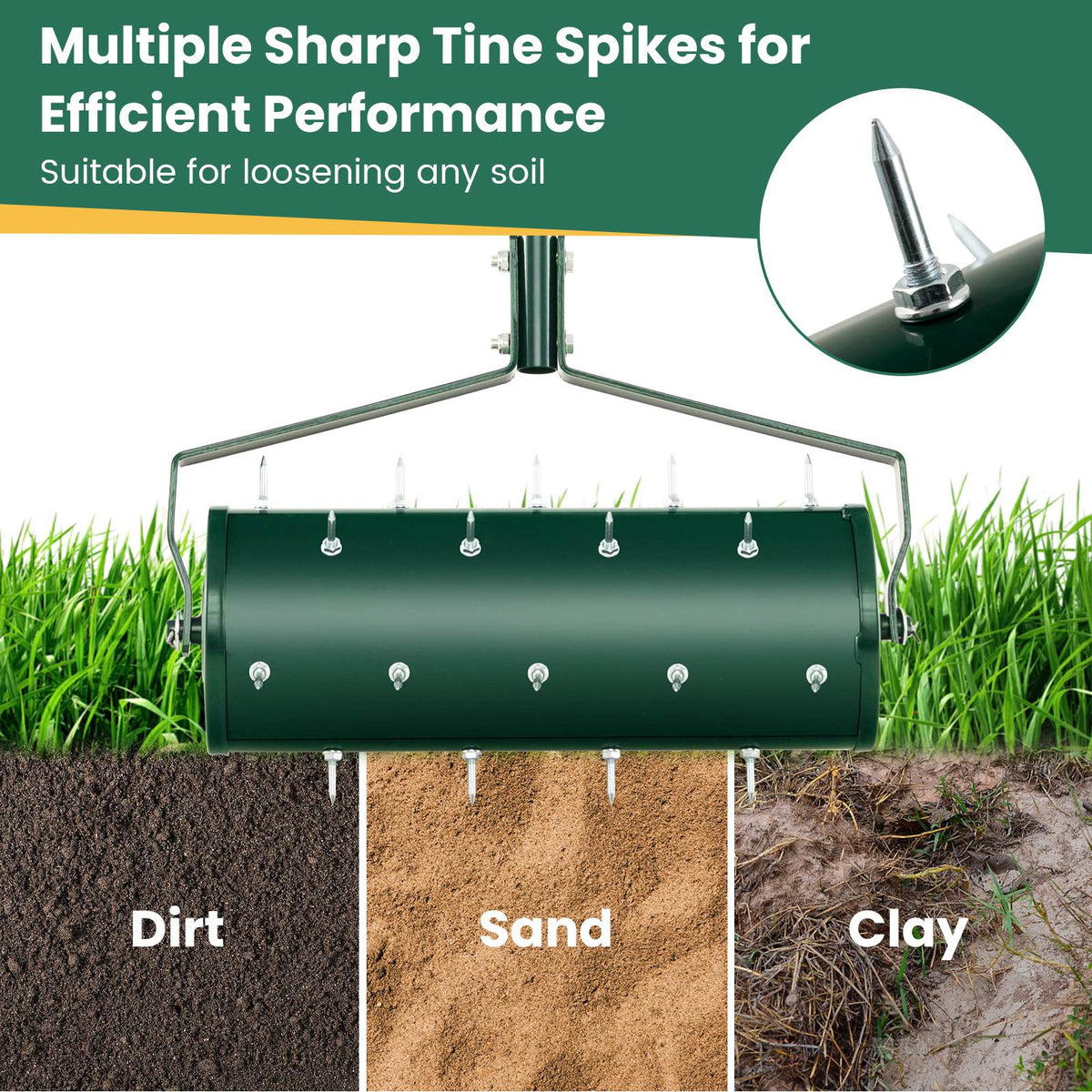Heavy-Duty Rolling Aerator w/ Lawn Soil Penetrating Spikes & 130 cm Handle