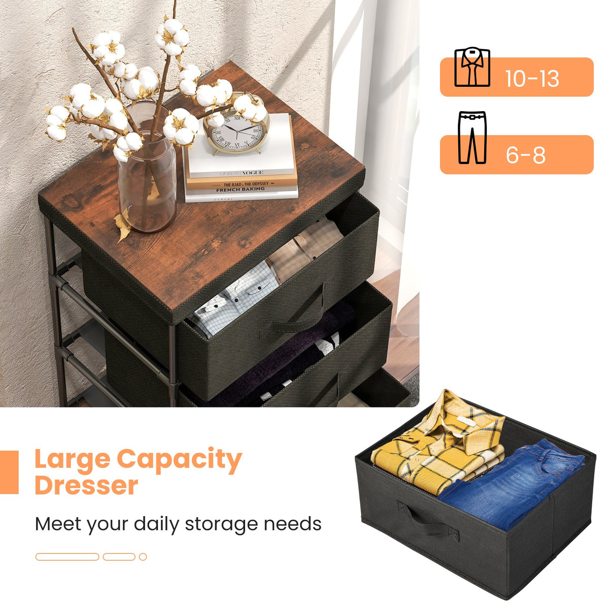 3-Tier Fabric Dresser Fabric Nightstand w/ 3 Drawers Storage Dresser for Bedroom